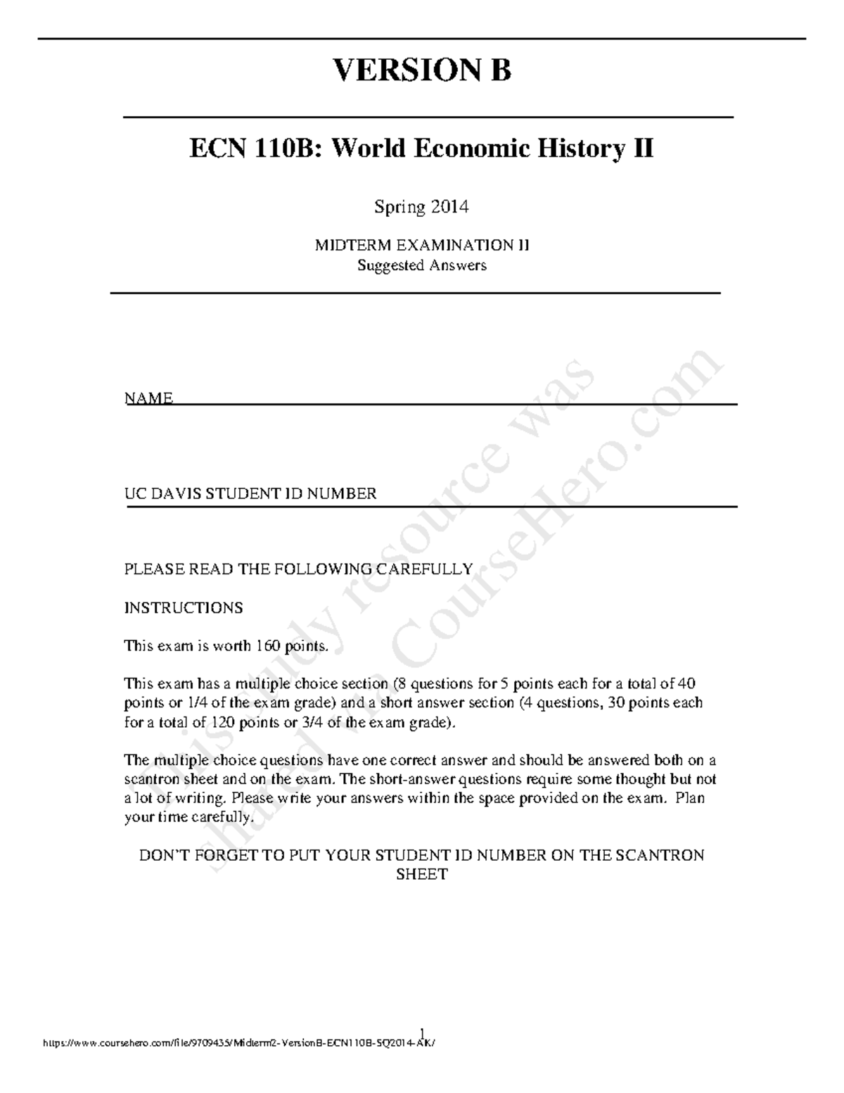 Midterm 2 Version B ECN110B SQ2014 AK - 1 ECN 110B: World Economic ...