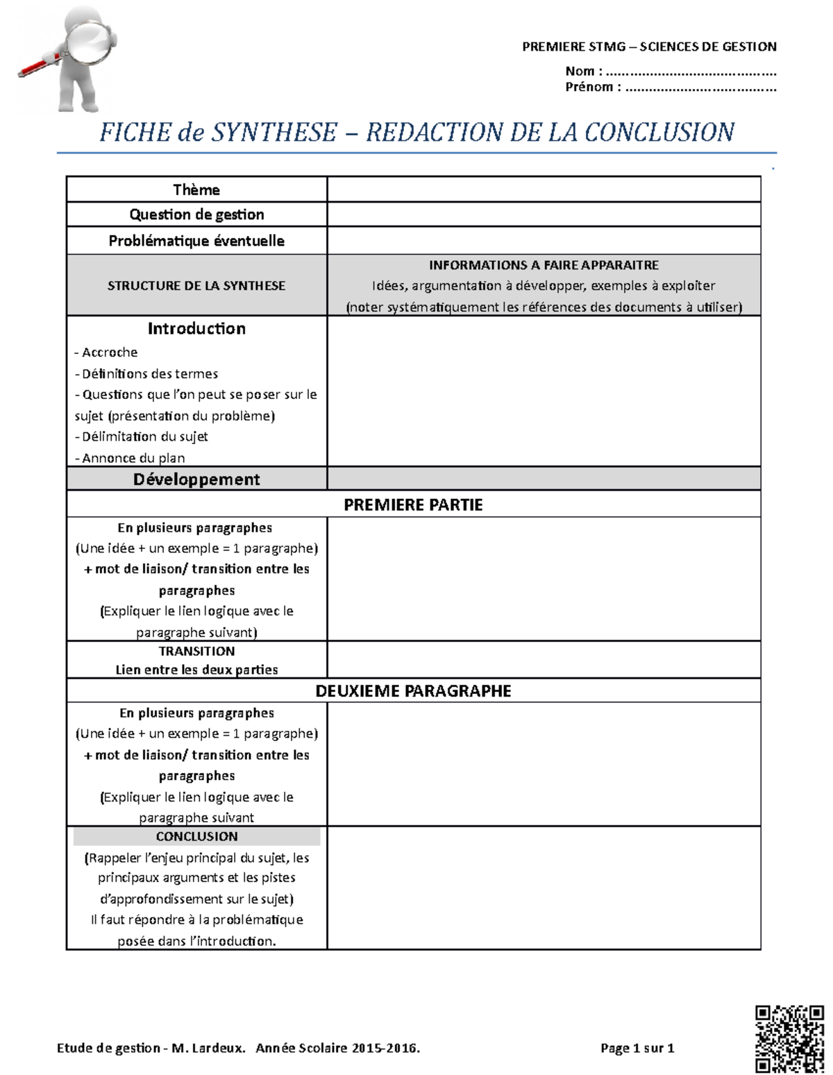 5-prepa Synthese - Synthèse - Premiere Stmg – Sciences De Gestion Nom 