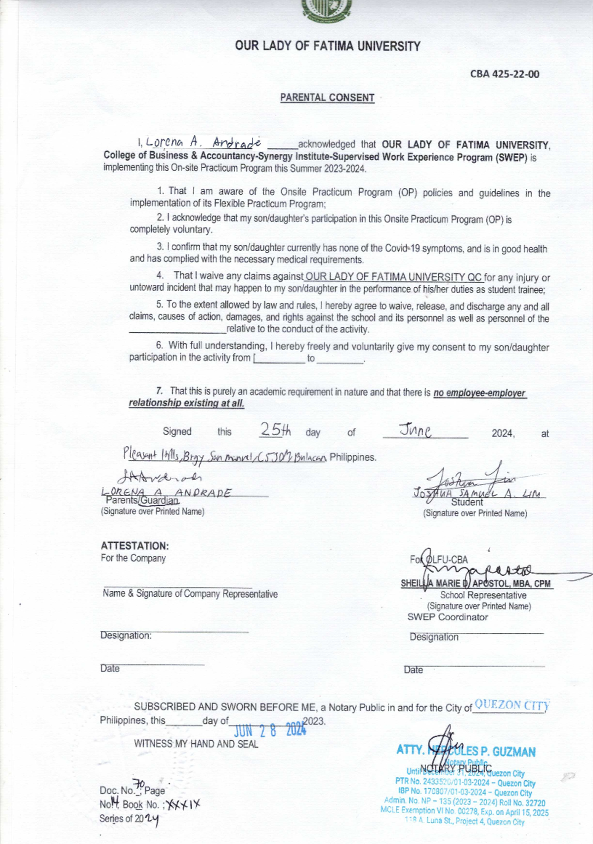 Lim - Parental Consent ( Notarized ) - OUR LADY OF FATIMA UNIVERSITY ...