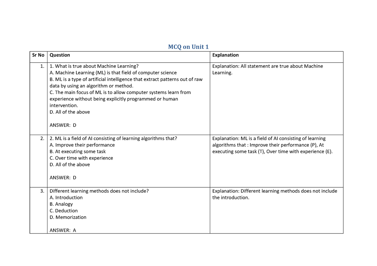 ML-Unit-1 - Machine Learning Notes - MCQ On Unit 1 Sr No Question ...