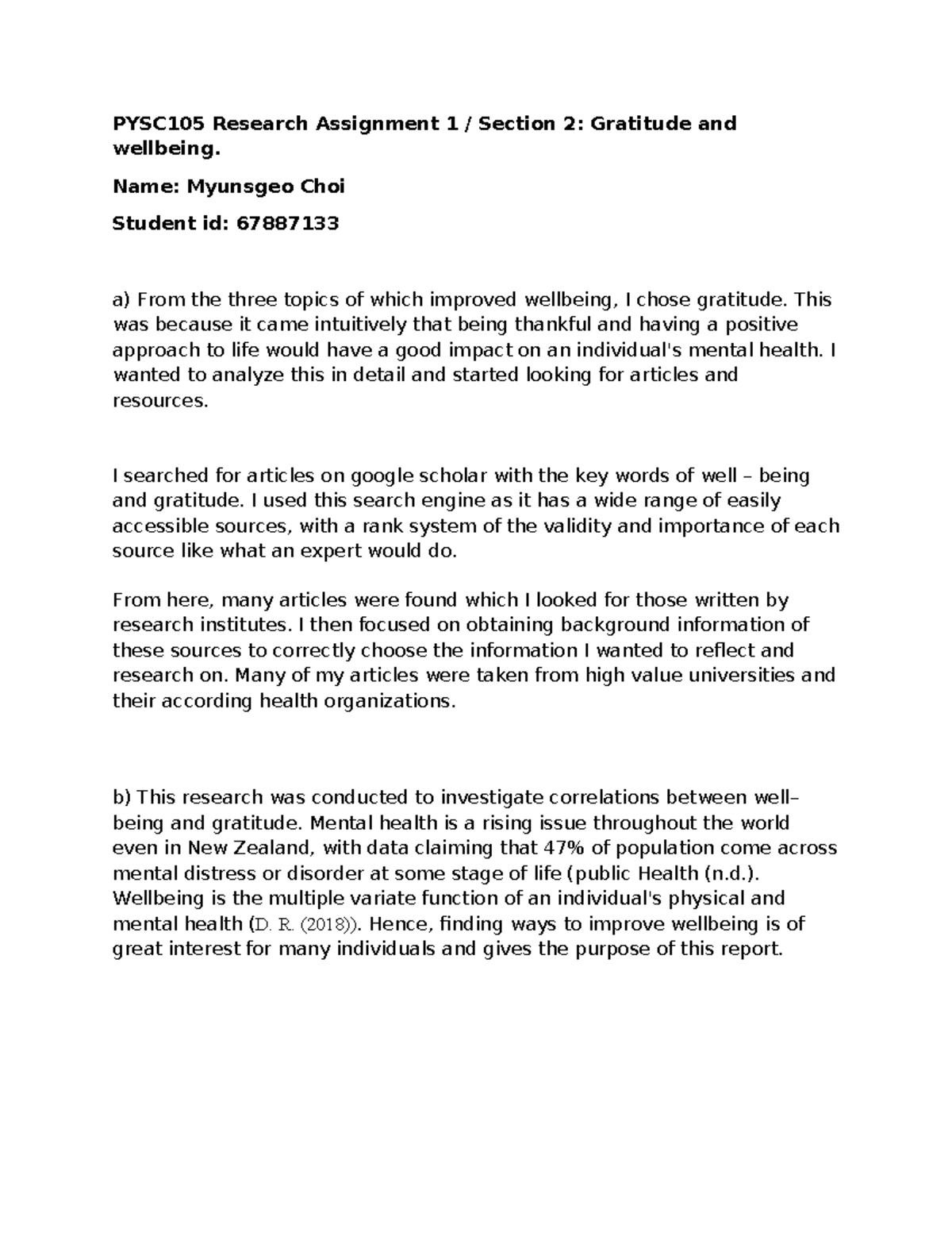 PYSC105 Research Assignment 1 Section 2 Gratitude and wellb - Copy ...