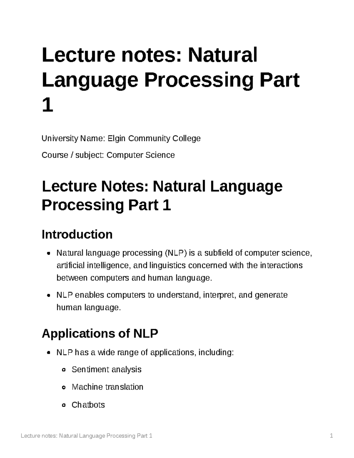 Lecture Notes Natural Language Processing Part 1 - Lecture Notes ...