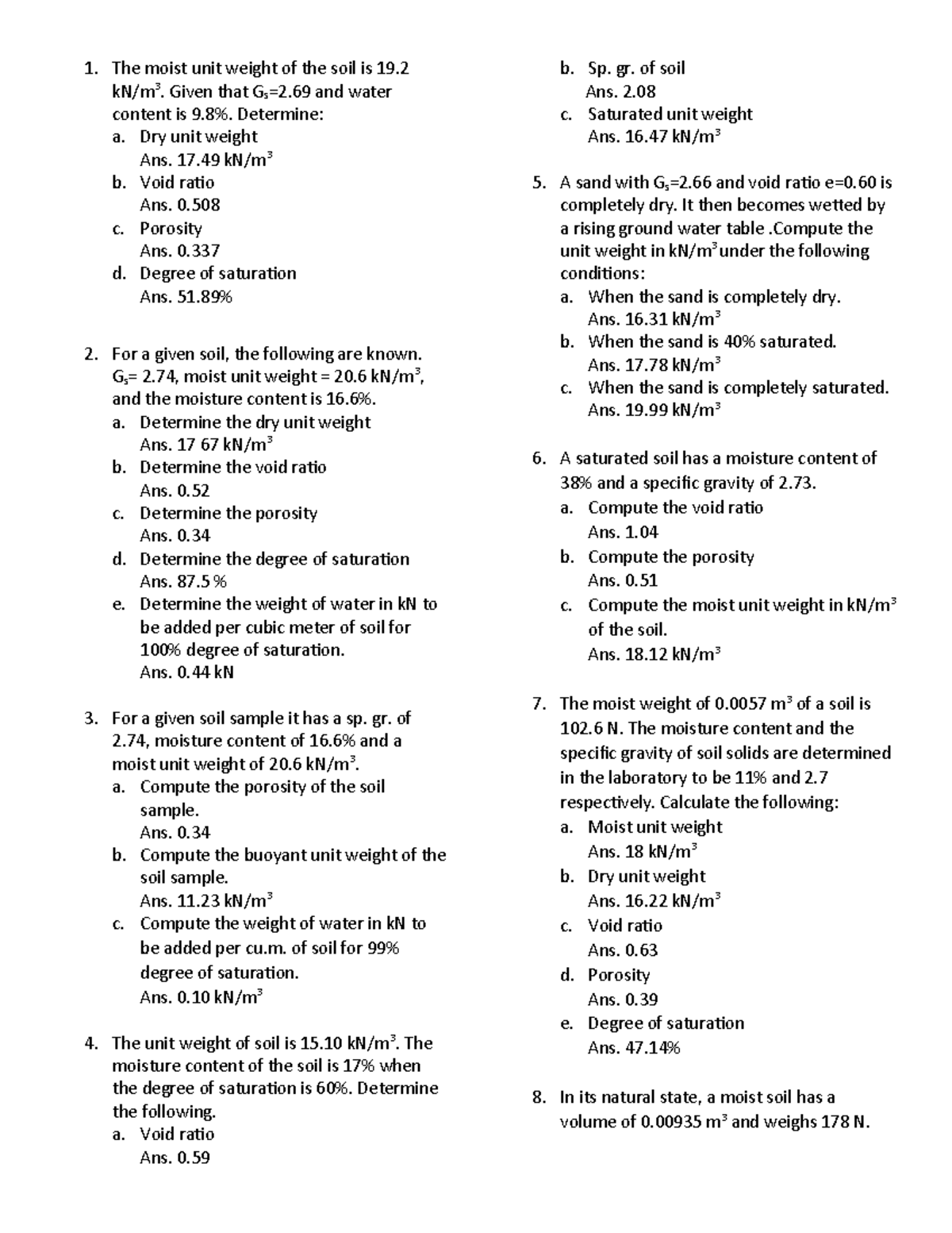 M1 Reference - Sample Problem And Answer - The Moist Unit Weight Of The 