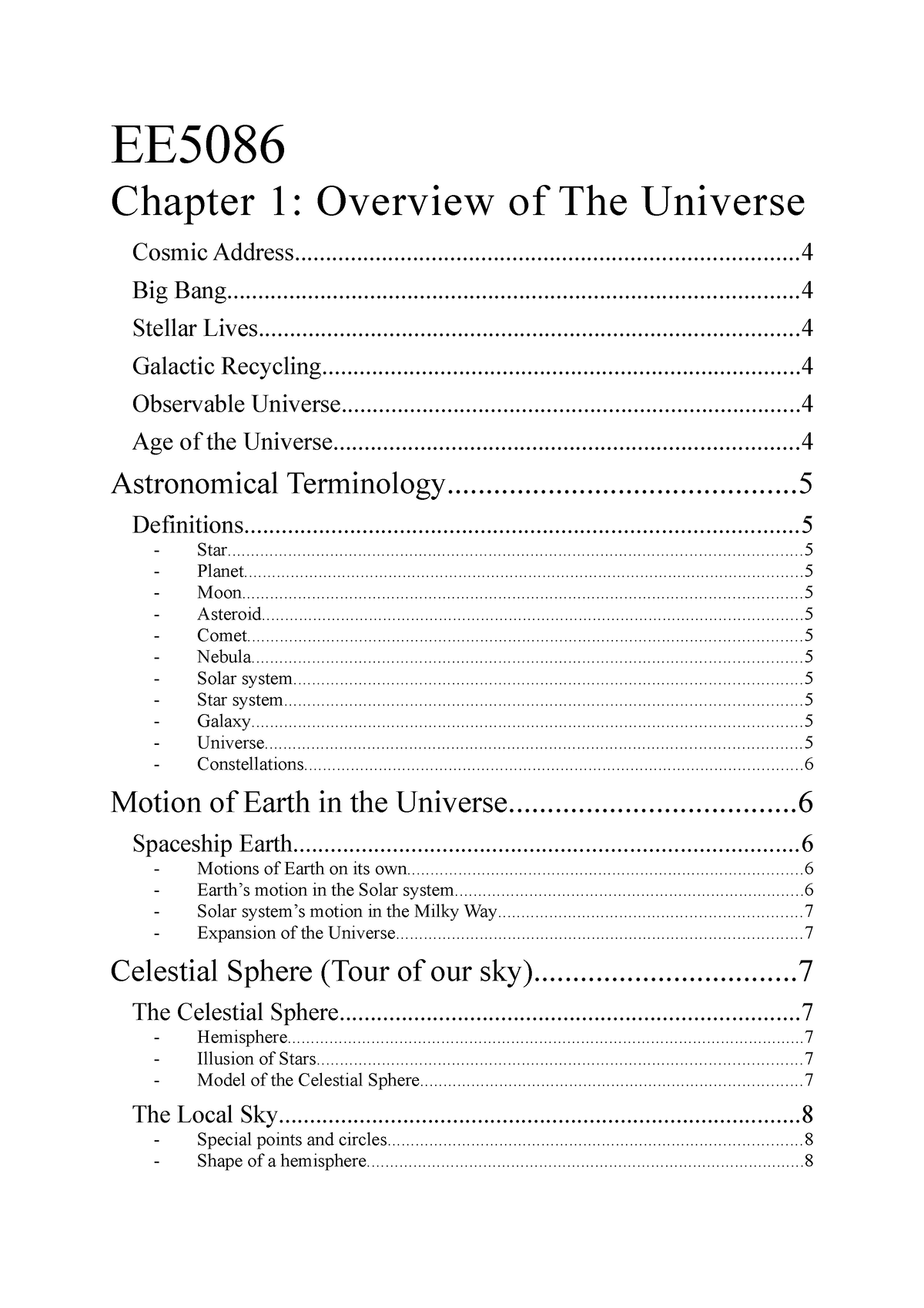 EE5086 Chapter 1 (Overview of our Universe) - Chapter 1: Overview of ...