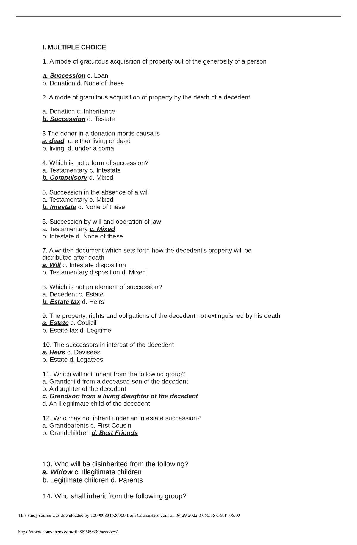 Acc - goodluck - I. MULTIPLE CHOICE A mode of gratuitous acquisition of ...