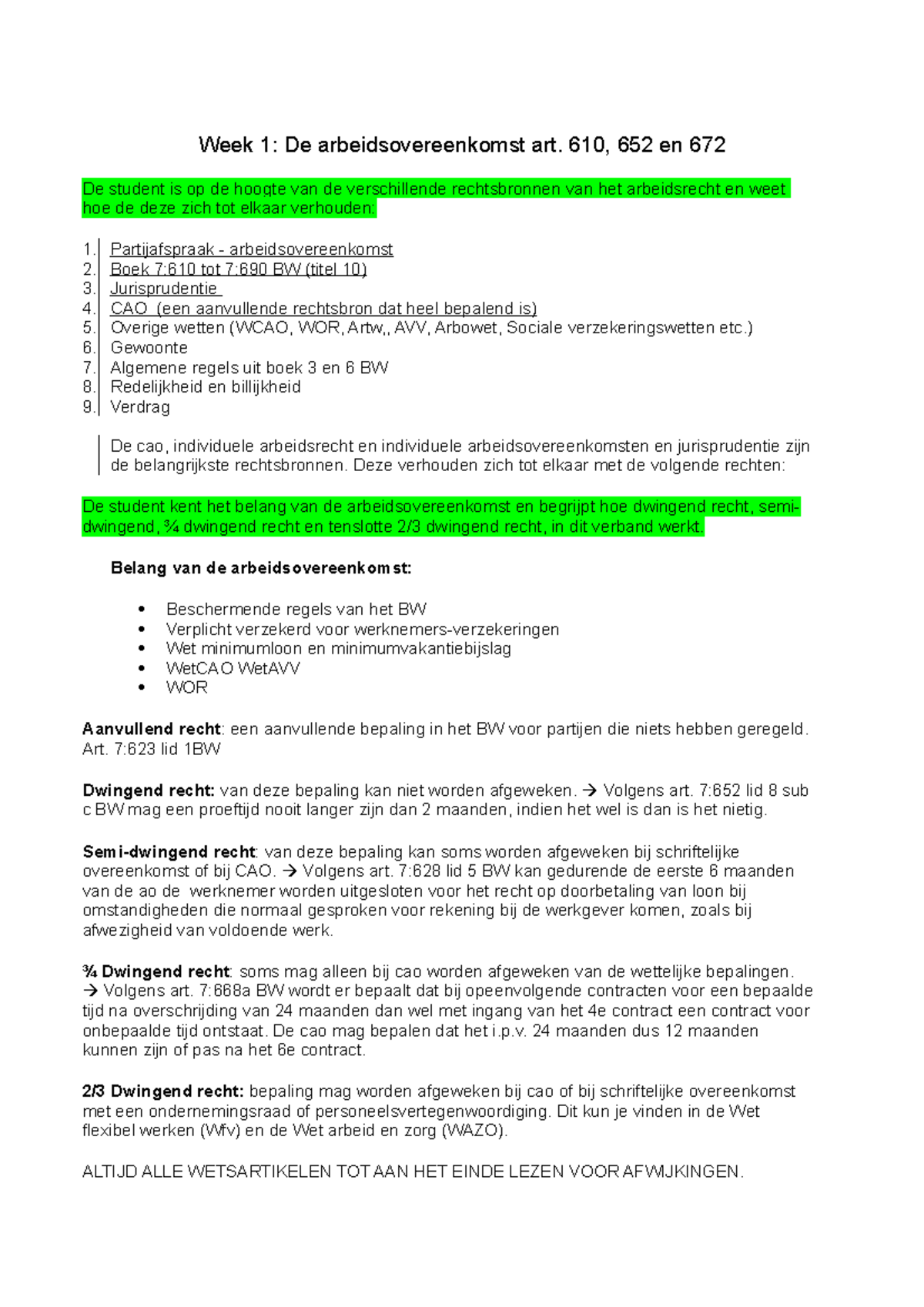 sociaal arbeidsrecht  Week 1 De arbeidsovereenkomst art. 610, 652 en