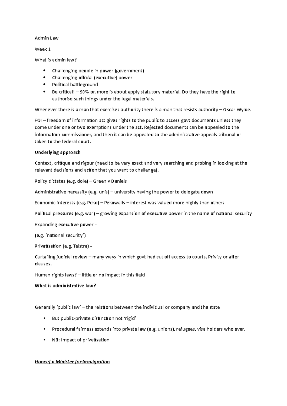 Admin Law wk 1 - week one tut notes - Admin Law Week 1 What is admin ...