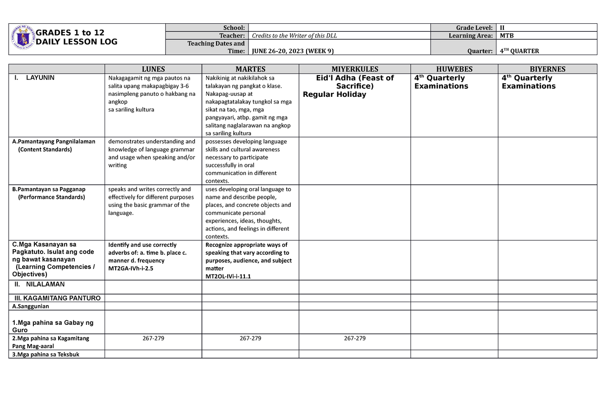 DLL MTB 2 Q4 W9 - LECTURE NOTES - GRADES 1 to 12 DAILY LESSON LOG ...