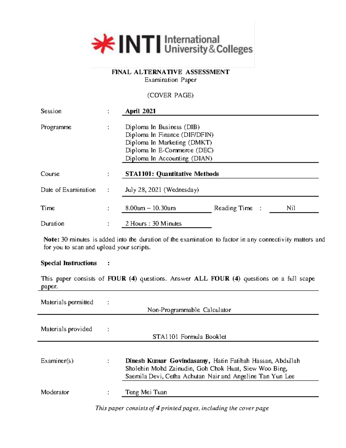 STA1101 AA - FINAL ALTERNATIVE ASSESSMENT Examination Paper (COVER PAGE ...