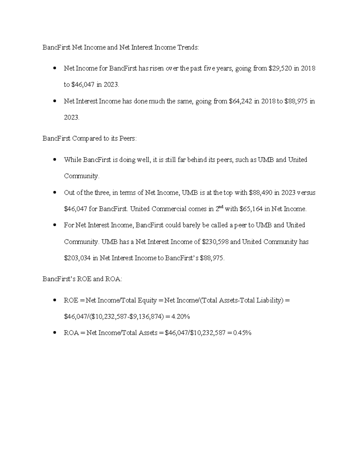 UBPR Comparison (Bobby Fisher) - BancFirst Net Income and Net Interest ...