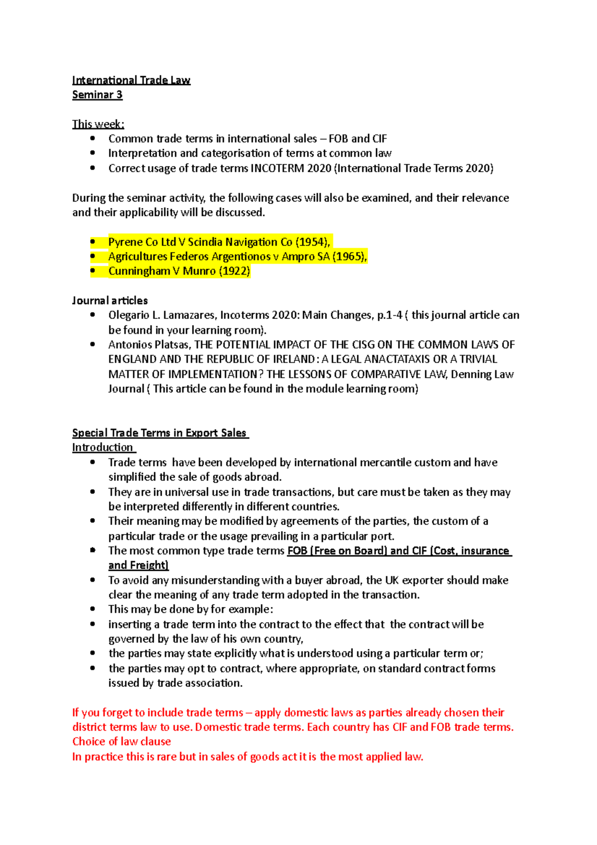 ITL Week 3 Explaining the trade terms with case law and statute With