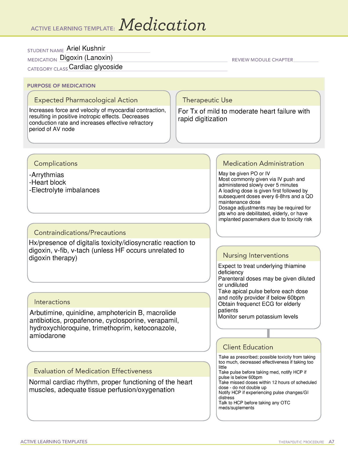 Digoxin med sheet ACTIVE LEARNING TEMPLATES THERAPEUTIC PROCEDURE A