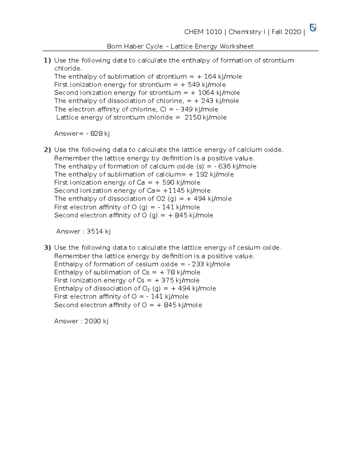 Born Haber cycle worksheet - CHEM 1010 | Chemistry I | Fall 2020 | Born ...