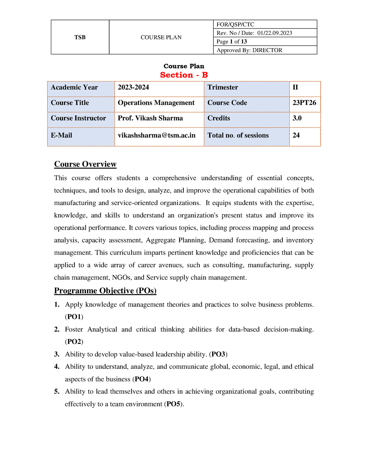 23PT26 OM PGDM Sec B - bhjbh - TSB COURSE PLAN Rev. No / Date: 01 / 22 ...