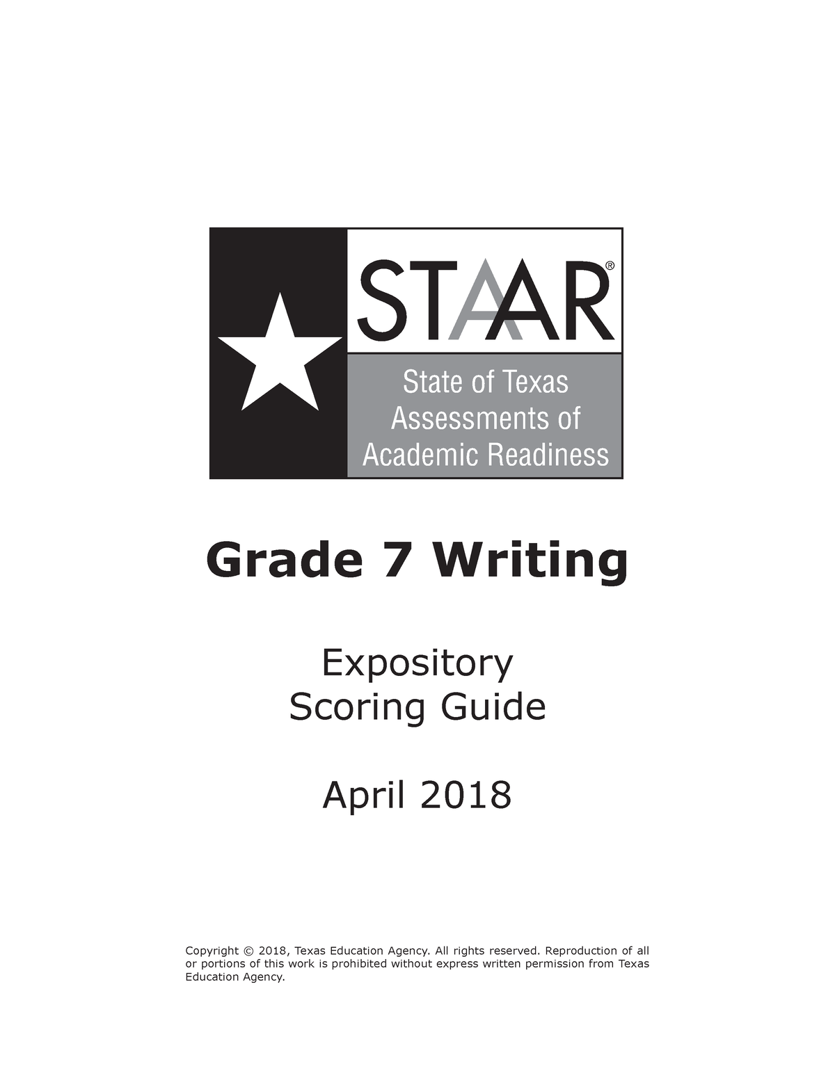2018 Staar Gr7 Writing Scoring Guide State of Texas Assessments of