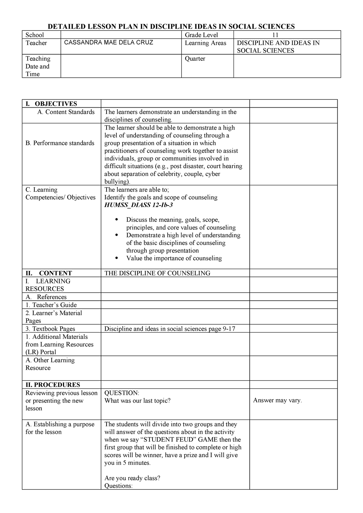 DLP IN Cassandra - goodluck - DETAILED LESSON PLAN IN DISCIPLINE IDEAS ...