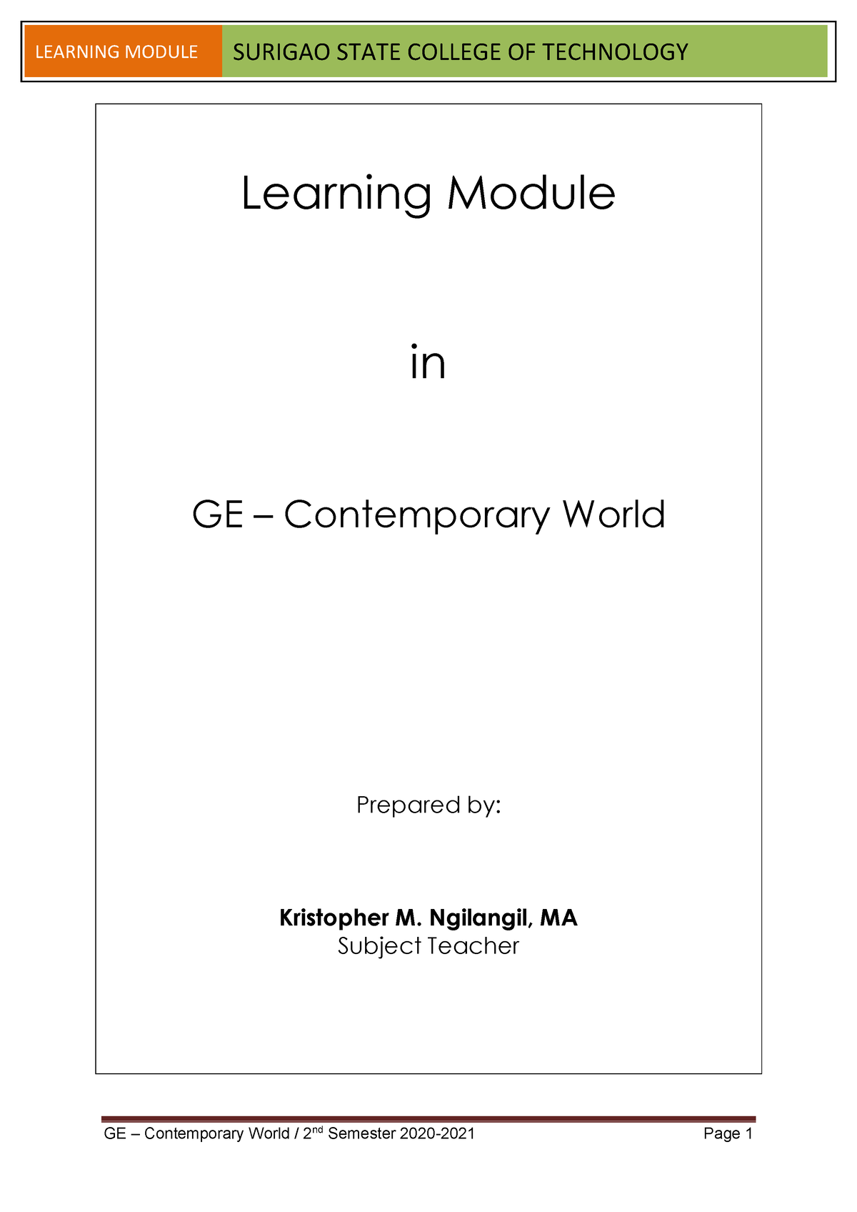 LM - Contemporary World (Final Coverage) - Pdf - Learning Module In GE ...