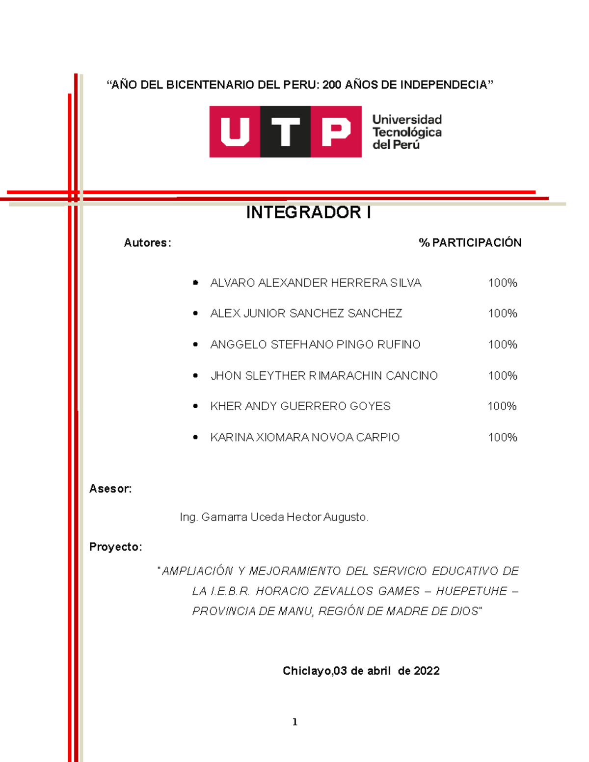 Avanze DE Proyecto Integrador I 2022-2 - “AÑO DEL BICENTENARIO DEL PERU ...