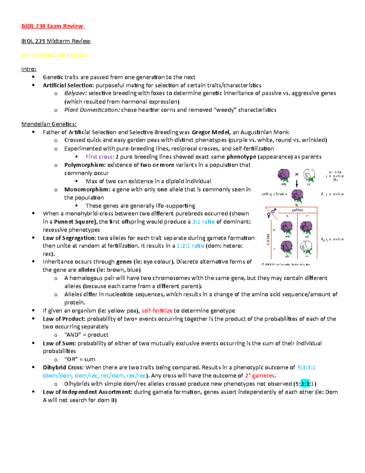 BIOL 239 Exam Review - Summary Genetics - BIOL 239 Exam Review BIOL 239 ...