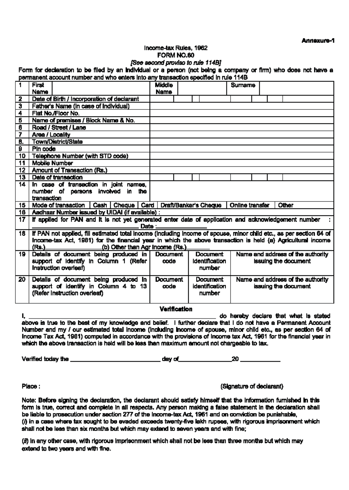 Form-60 - Bsc - Rules, 1962 FORM NO second proviso to rule Form for ...