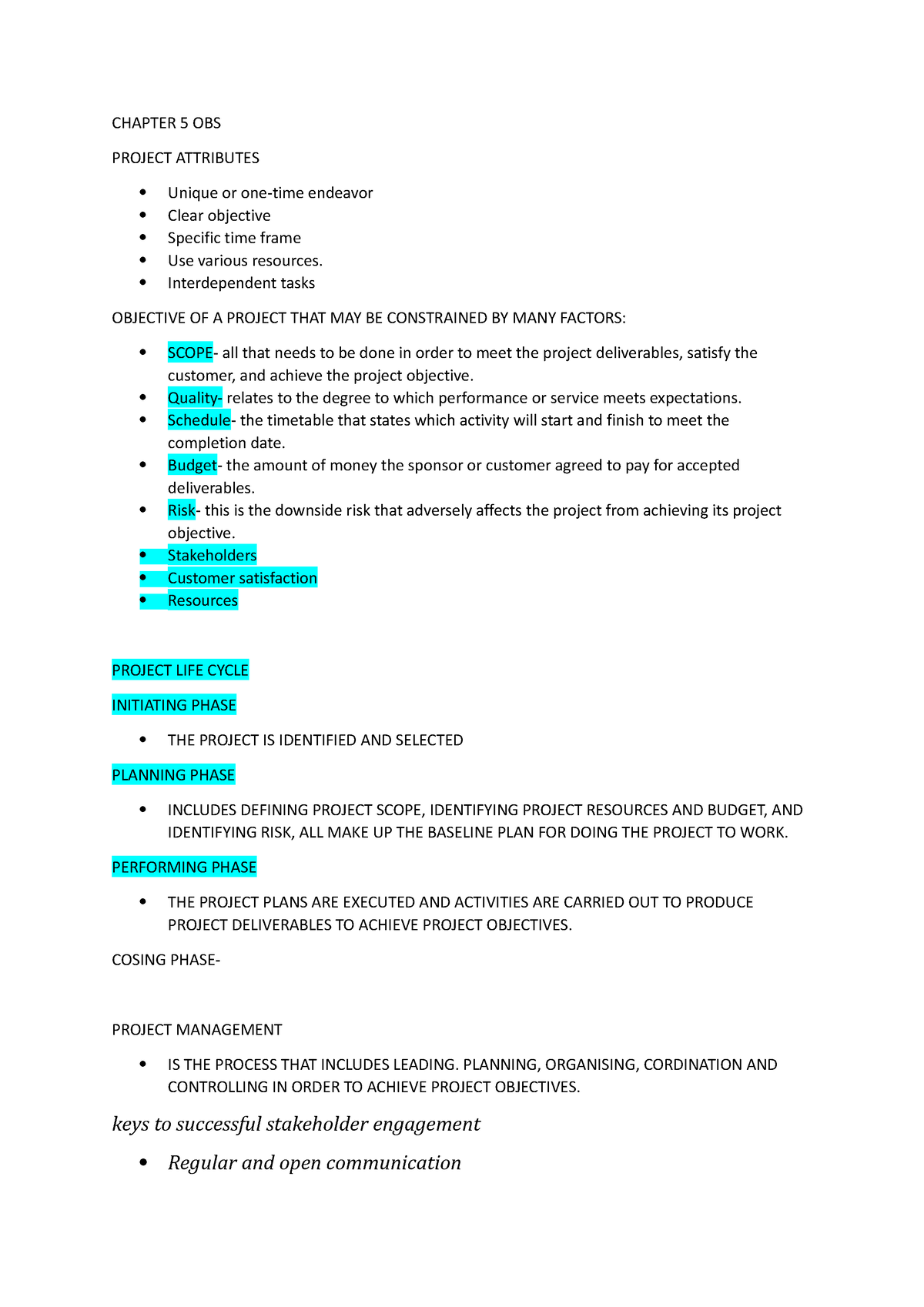 Obs chapter 2 - CHAPTER 5 OBS PROJECT ATTRIBUTES Unique or one-time ...