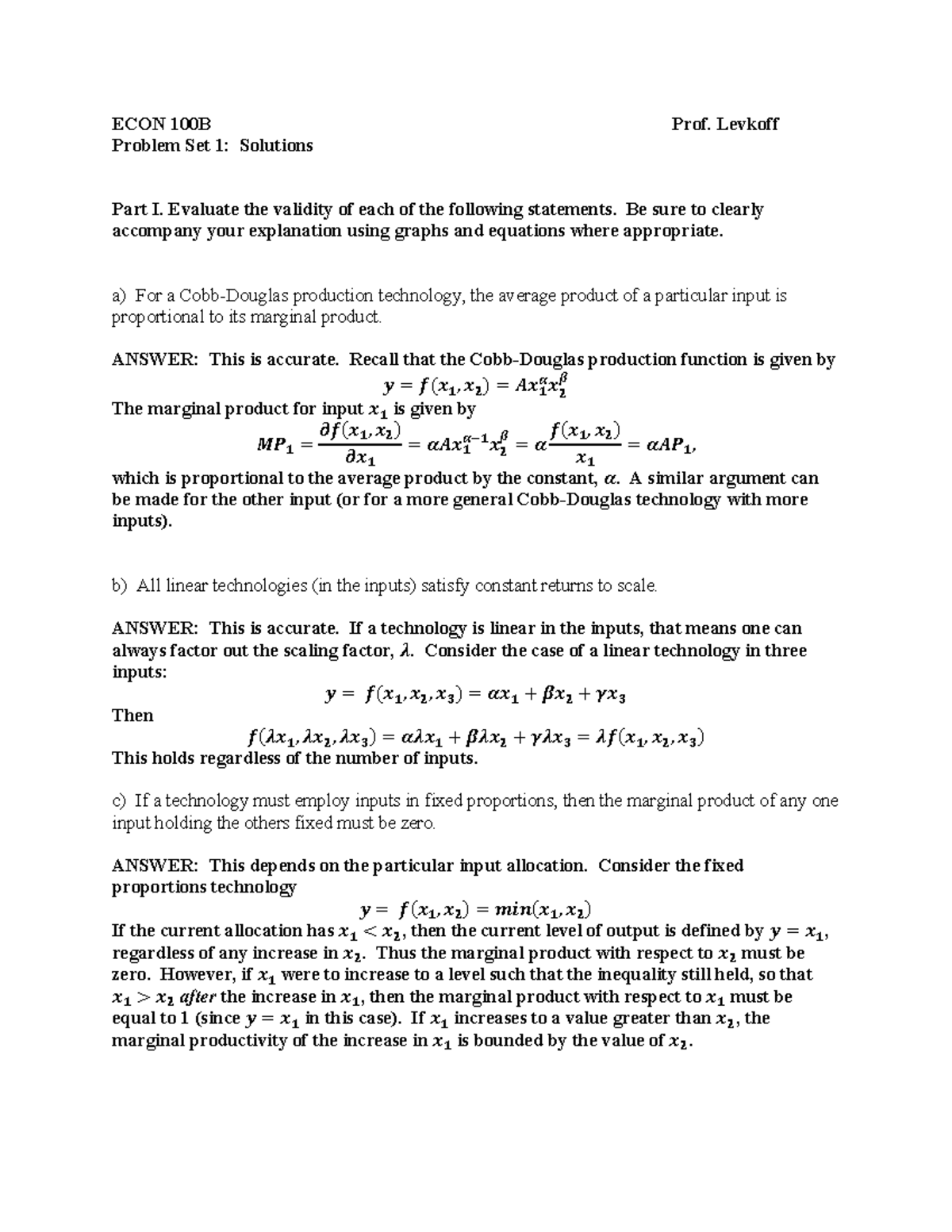 ECON 100B PS1 Solutions - ECON 100B Prof. Levkoff Problem Set 1 ...