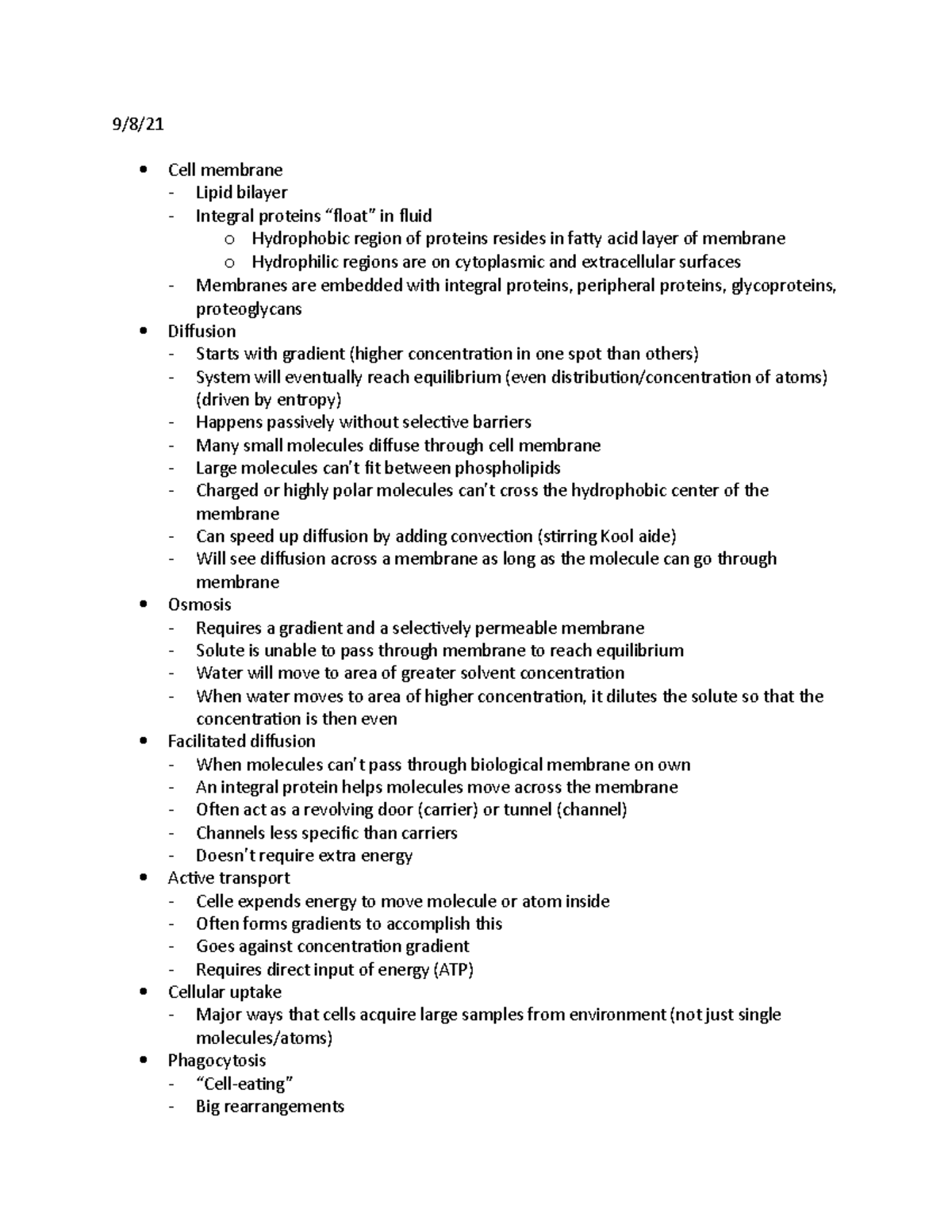 Bio notes 10 - 9/8/ Cell membrane - Lipid bilayer - Integral proteins ...