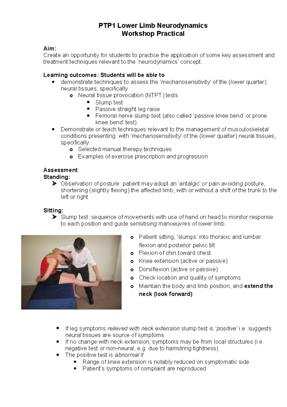 3 Neurodynamics Ll Practical Handout Notes - Ptp1 Lower Limb 