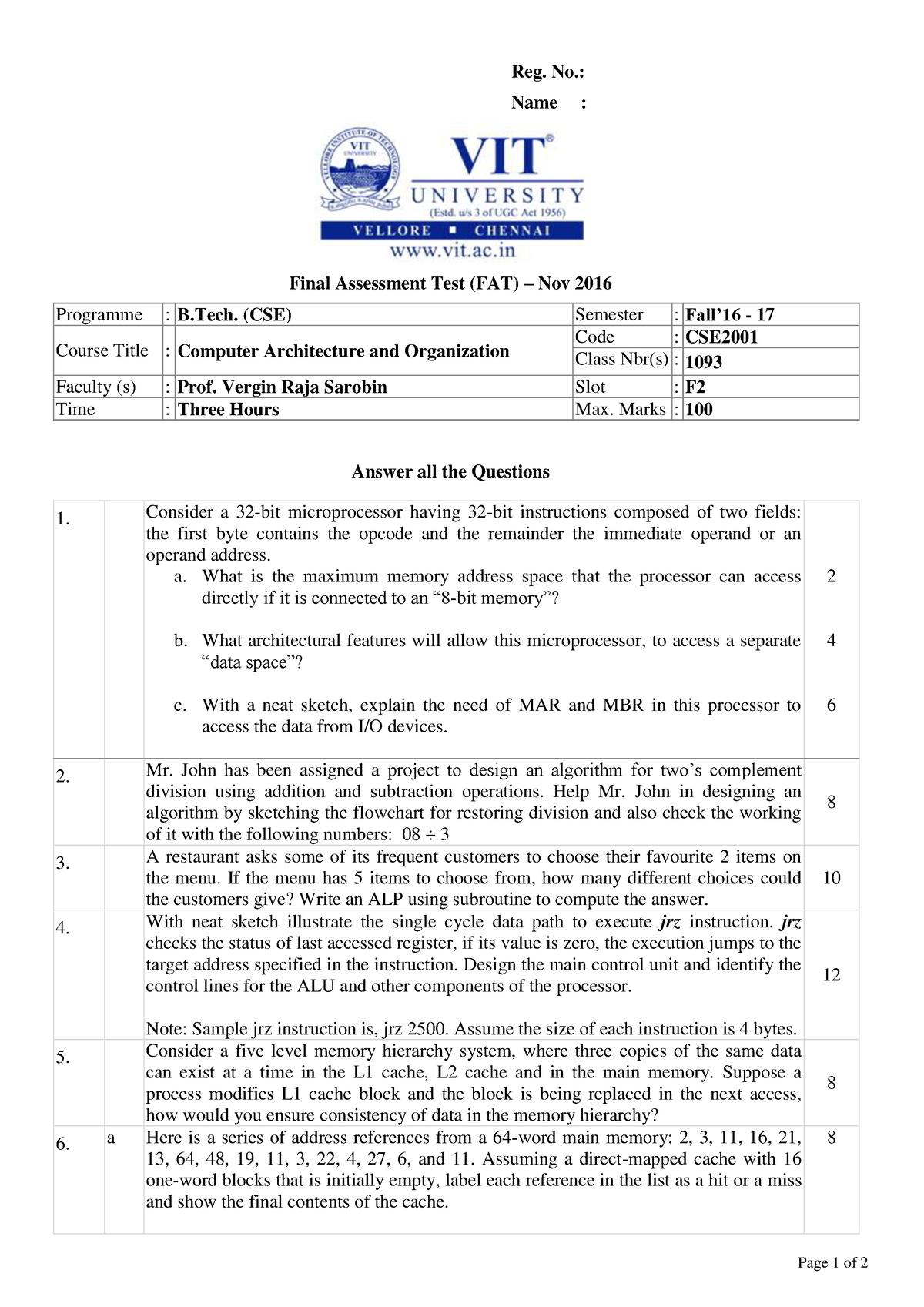 CSE2001 1 - Cao - Page 1 Of 2 Reg. No.: Name : Final Assessment Test ...