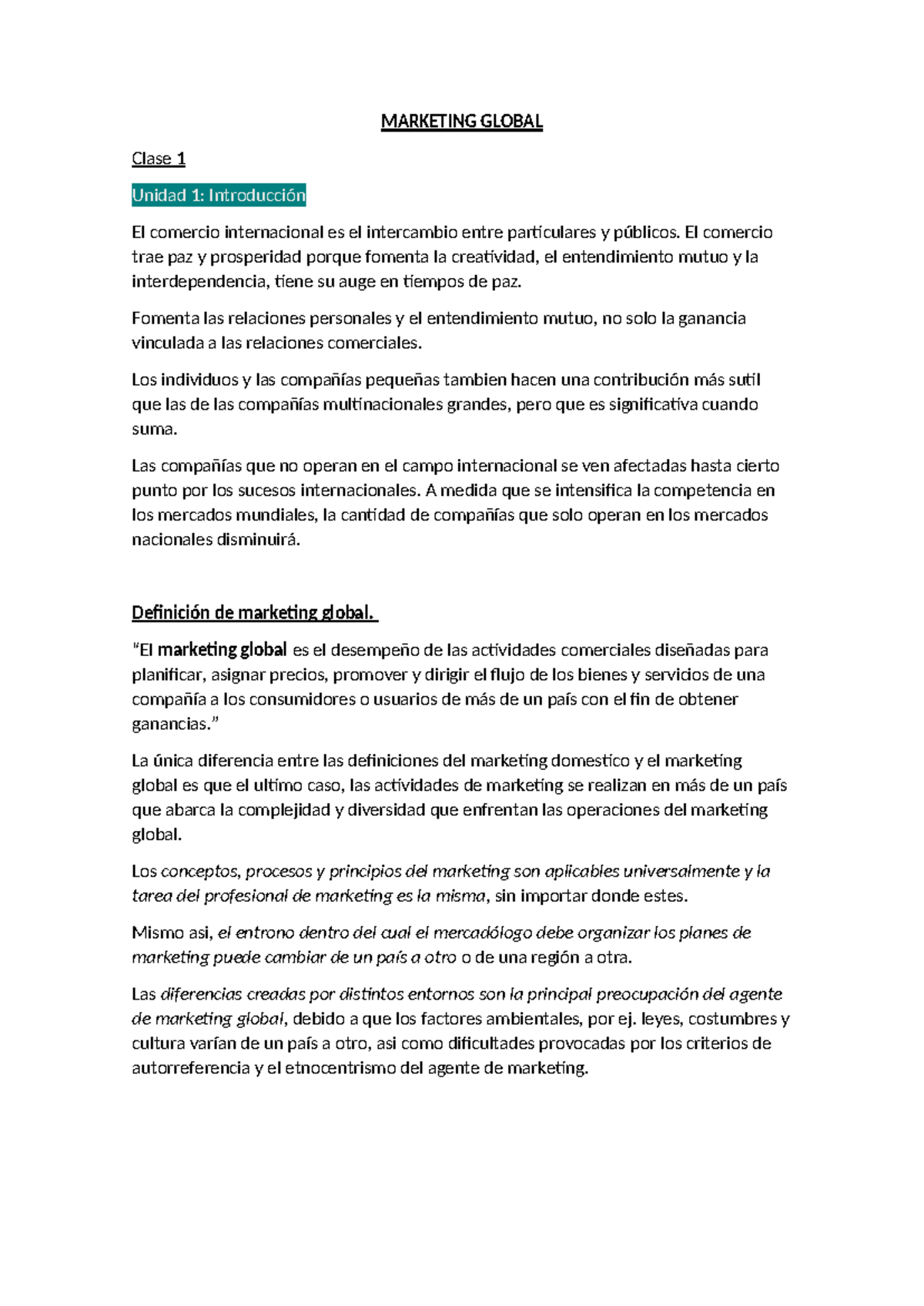 Marketing Global - MARKETING GLOBAL Clase 1 Unidad 1: Introducción El ...