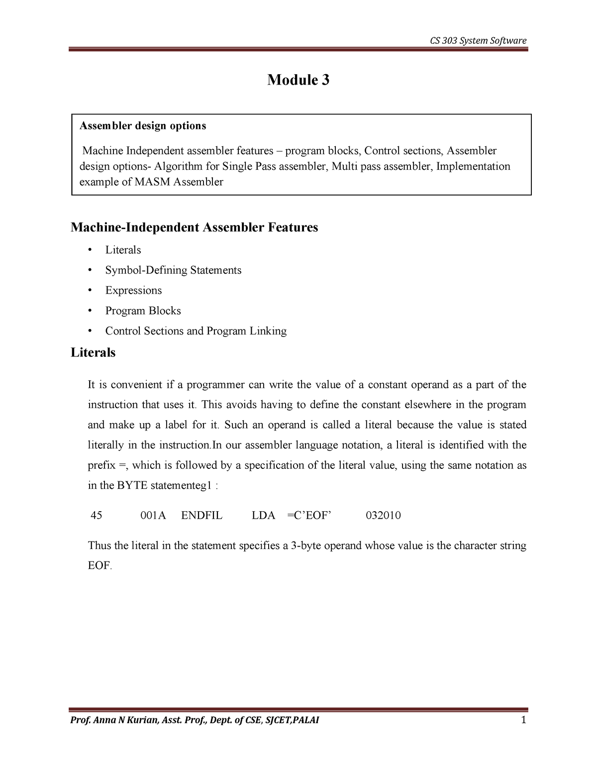 System software Module 3 Notes - Module 3 Machine-Independent Assembler ...