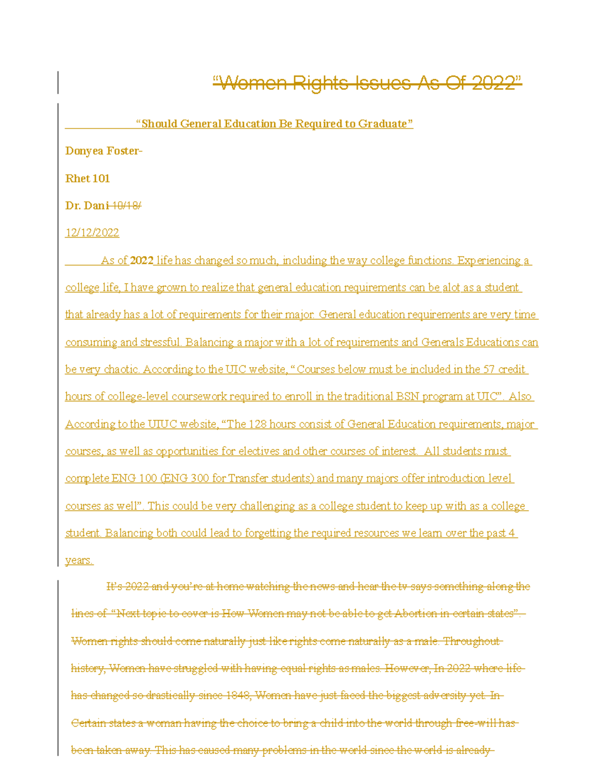Foster Position Exploration 2nd to 3rd Draft Comparison - “Women Rights ...