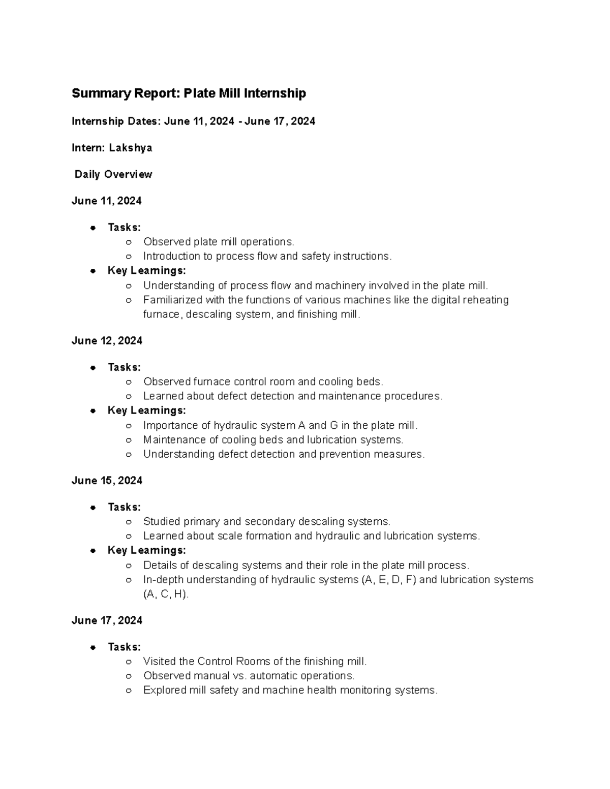 Summary Report Plate Mill Internship - Summary Report: Plate Mill ...