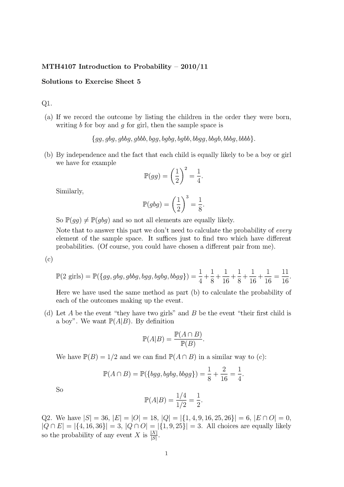 Exercise Sheet 5 - Solutions - MTH4107 Introduction To Probability ...