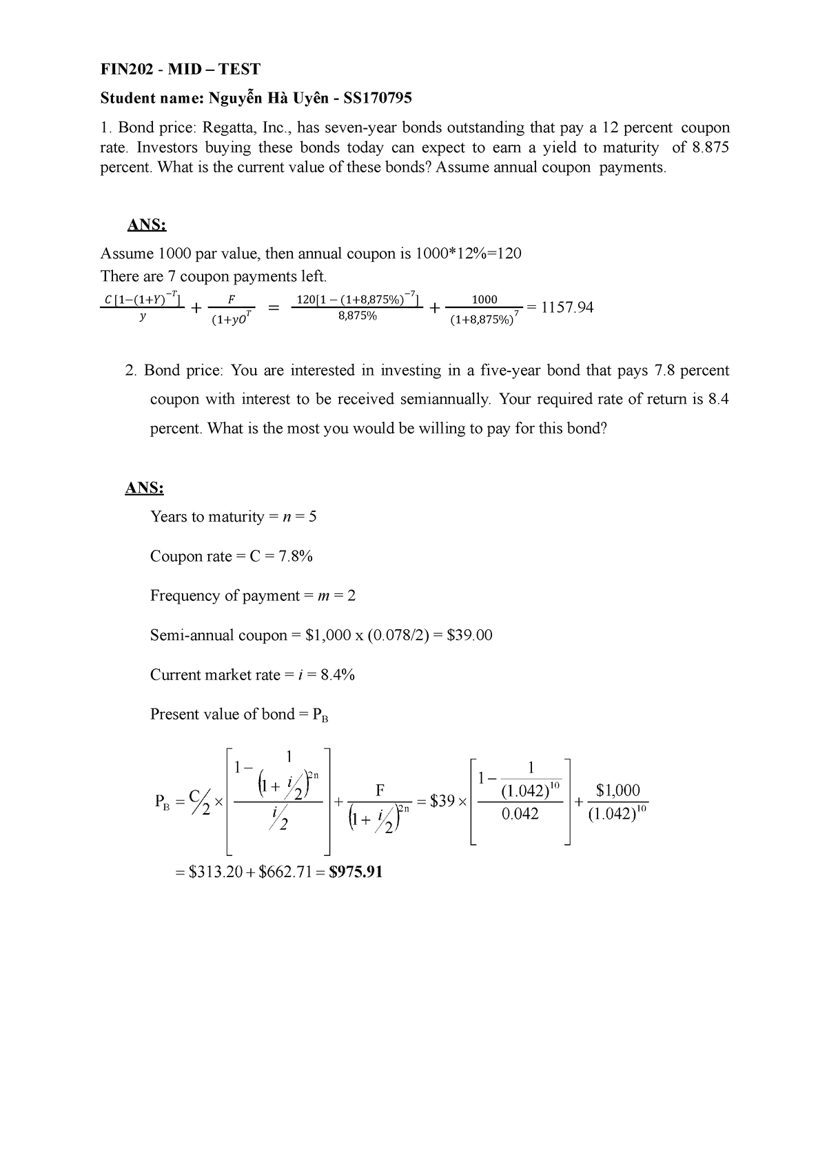 FIN202 - MIDTERM - FIN202 - MID – TEST Student Name: Nguyễn Hà Uyên ...