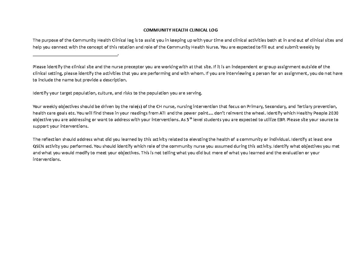 Week 2 clinical log - NOTES - COMMUNITY HEALTH CLINICAL LOG The purpose ...