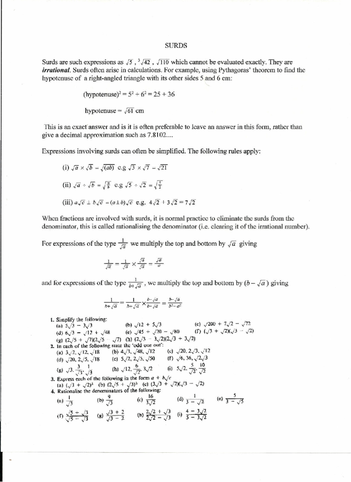Surds notes and examples - SURDS Surds are such expressions as !5 ,3142 ...