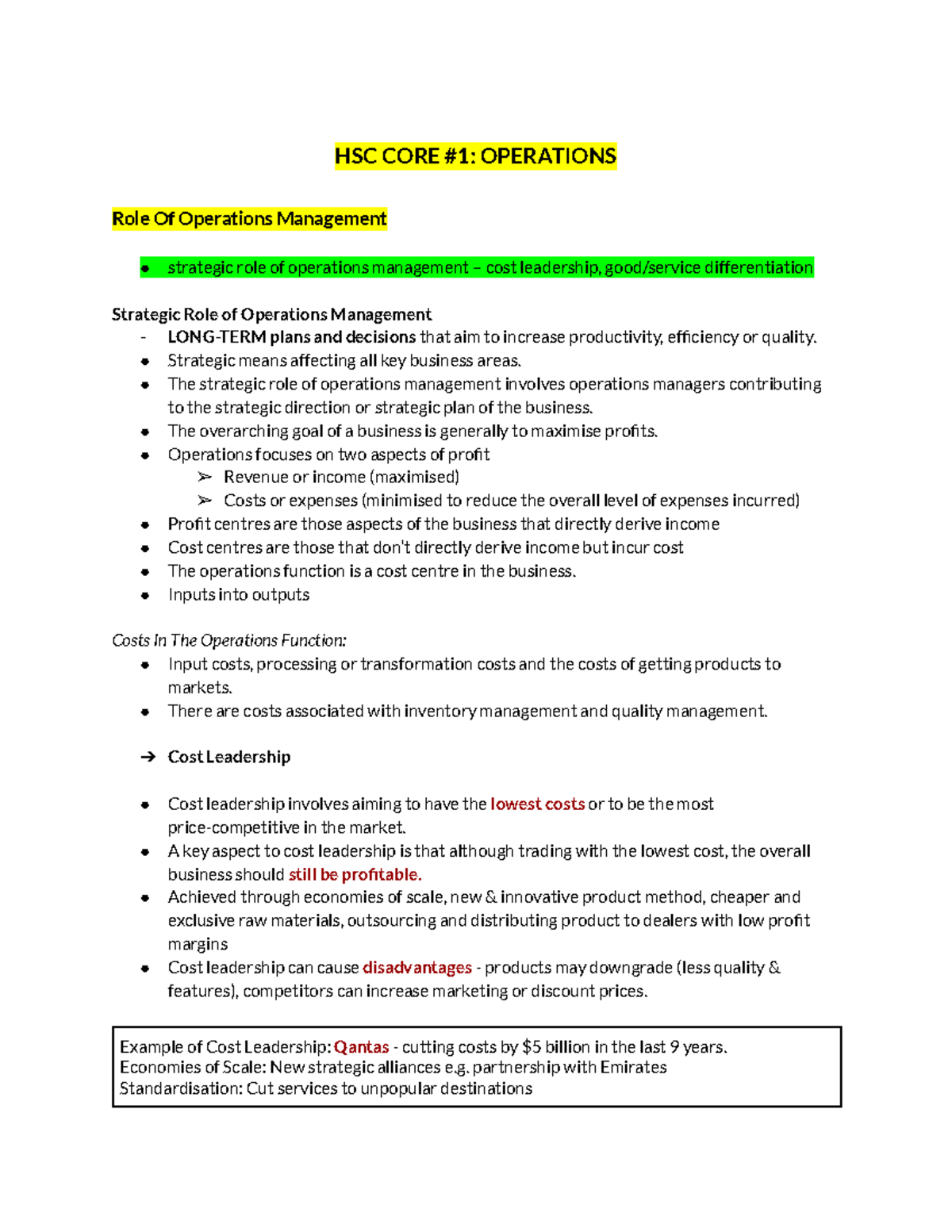 HSC Trials Business Studies Notes - HSC CORE #1: OPERATIONS Role Of ...