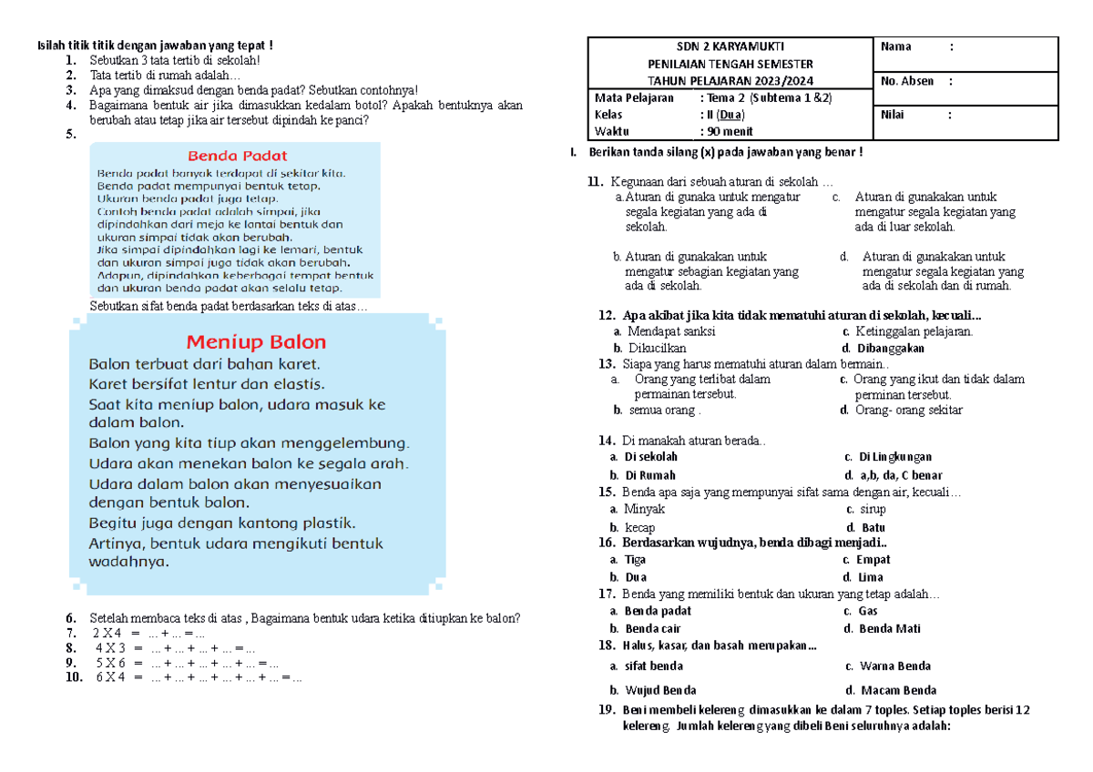 SOAL PTS Kelas 2 TEMA 2 Bagian 1 (datadikdasmen.com) - Isilah Titik ...