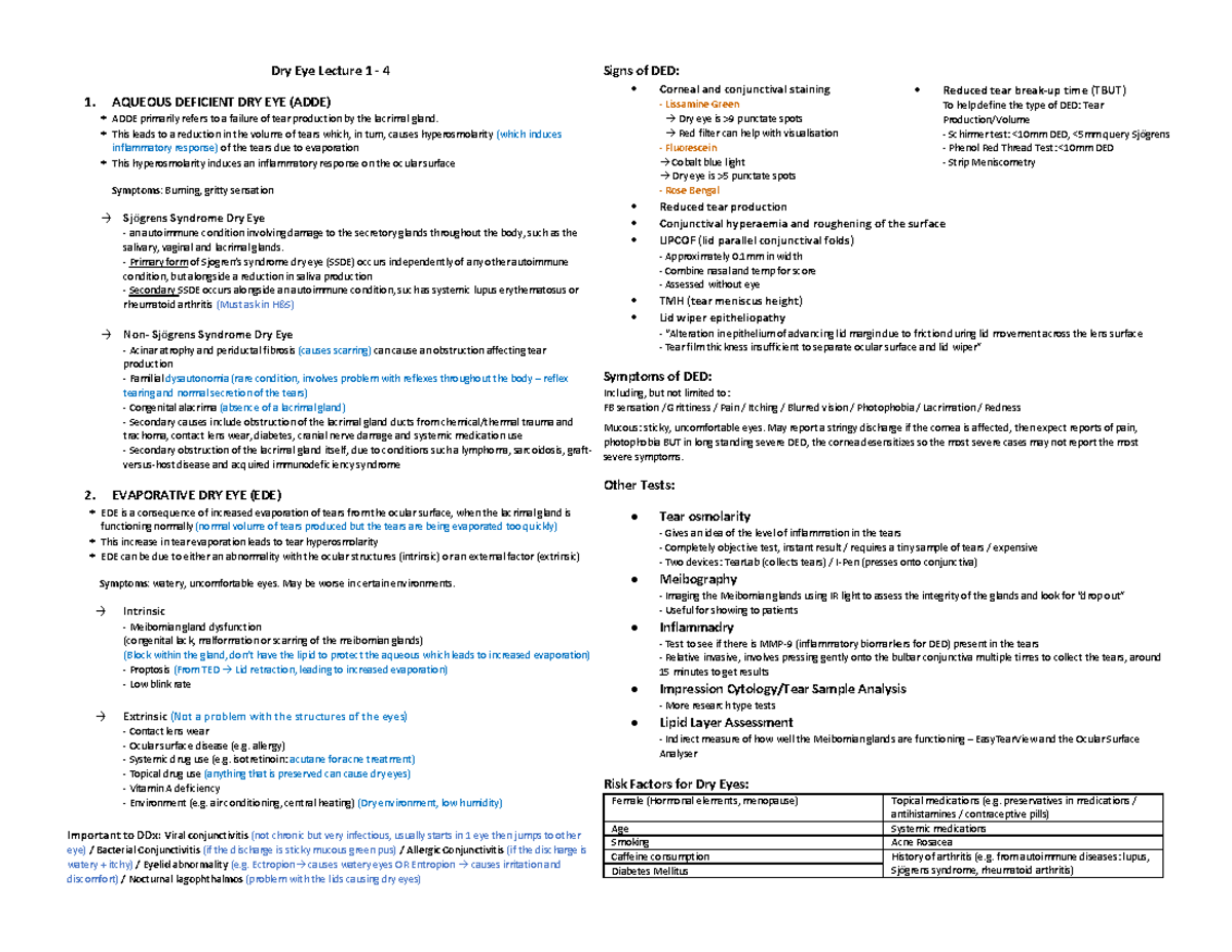 Week 3 & 4 Dry Eye Notes - Signs of DED: Corneal and conjunctival ...