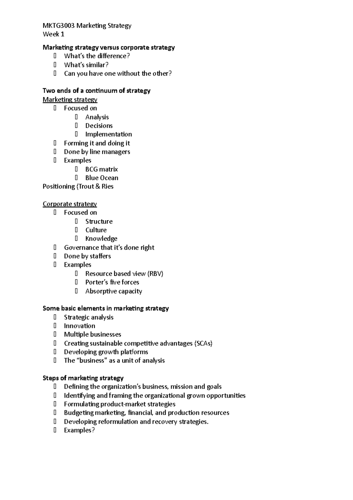 MKTG3003 Week 1 - Lecture notes 1 - Week 1 Marketing strategy versus ...