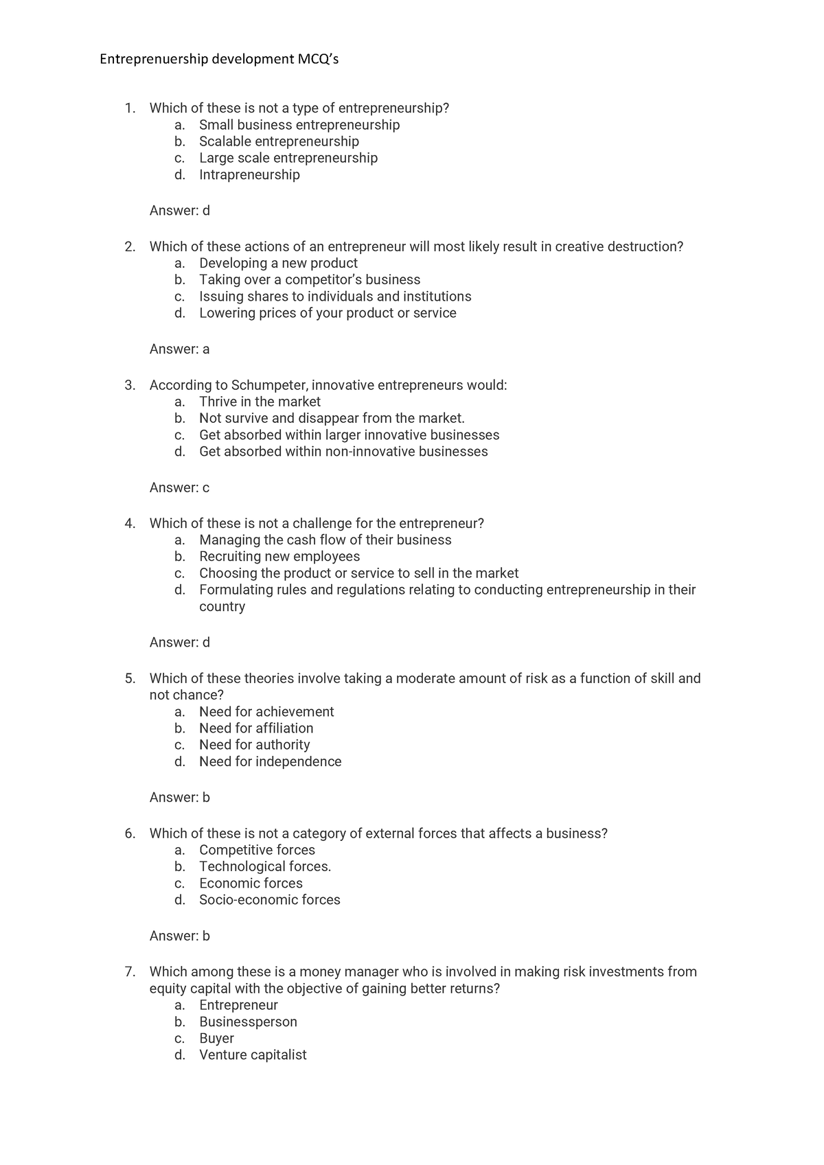 ED MCQ 1 - MCQ test - Entreprenuership development MCQ’s Which of these ...