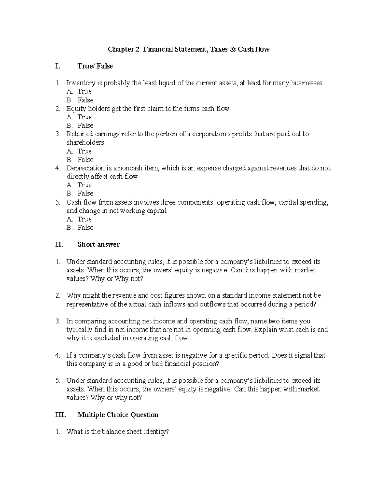Chapter 2 Financial Statement, Taxes Cash flow Student version ...