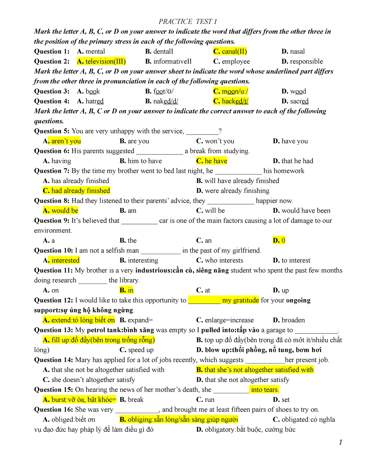 Practice Tests FOR TET-1 - PRACTICE TEST 1 Mark The Letter A, B, C, Or ...