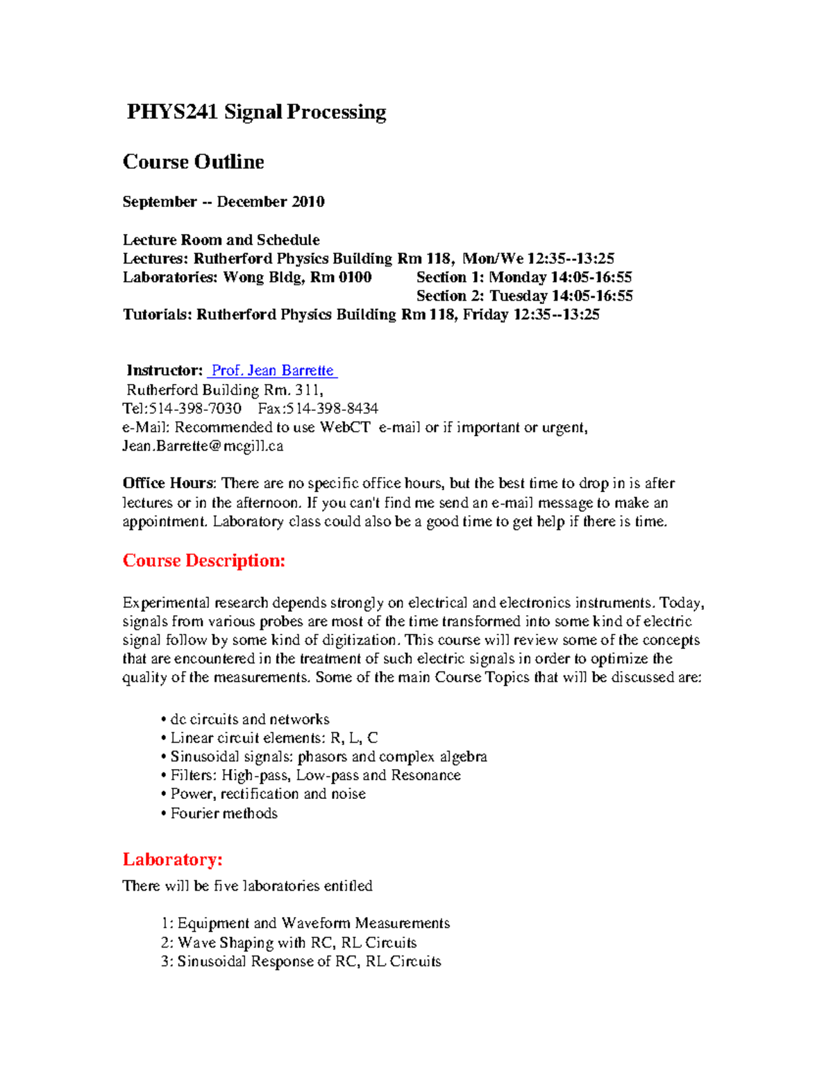 PHYS 240 Syllabus Winter 2010 PHYS241 Signal Processing Course
