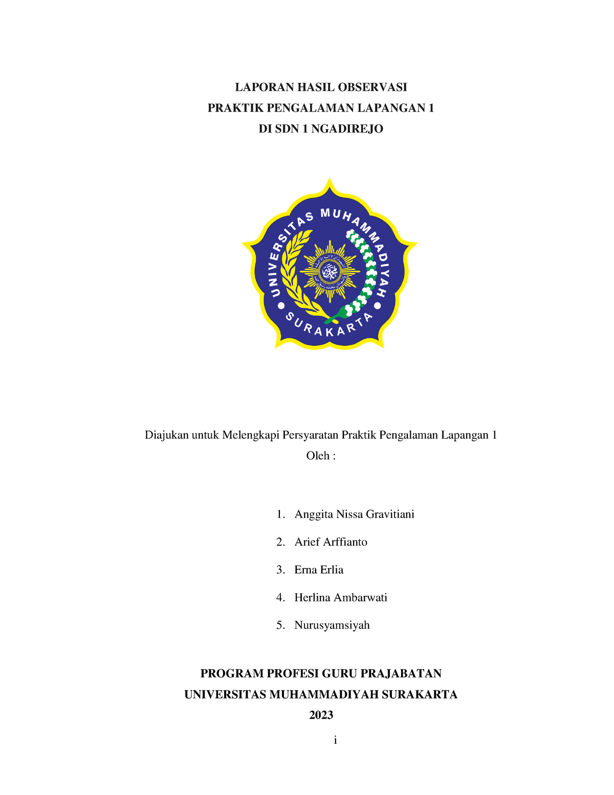 Laporan PPL Observasi 2023 Cover - I LAPORAN HASIL OBSERVASI PRAKTIK ...