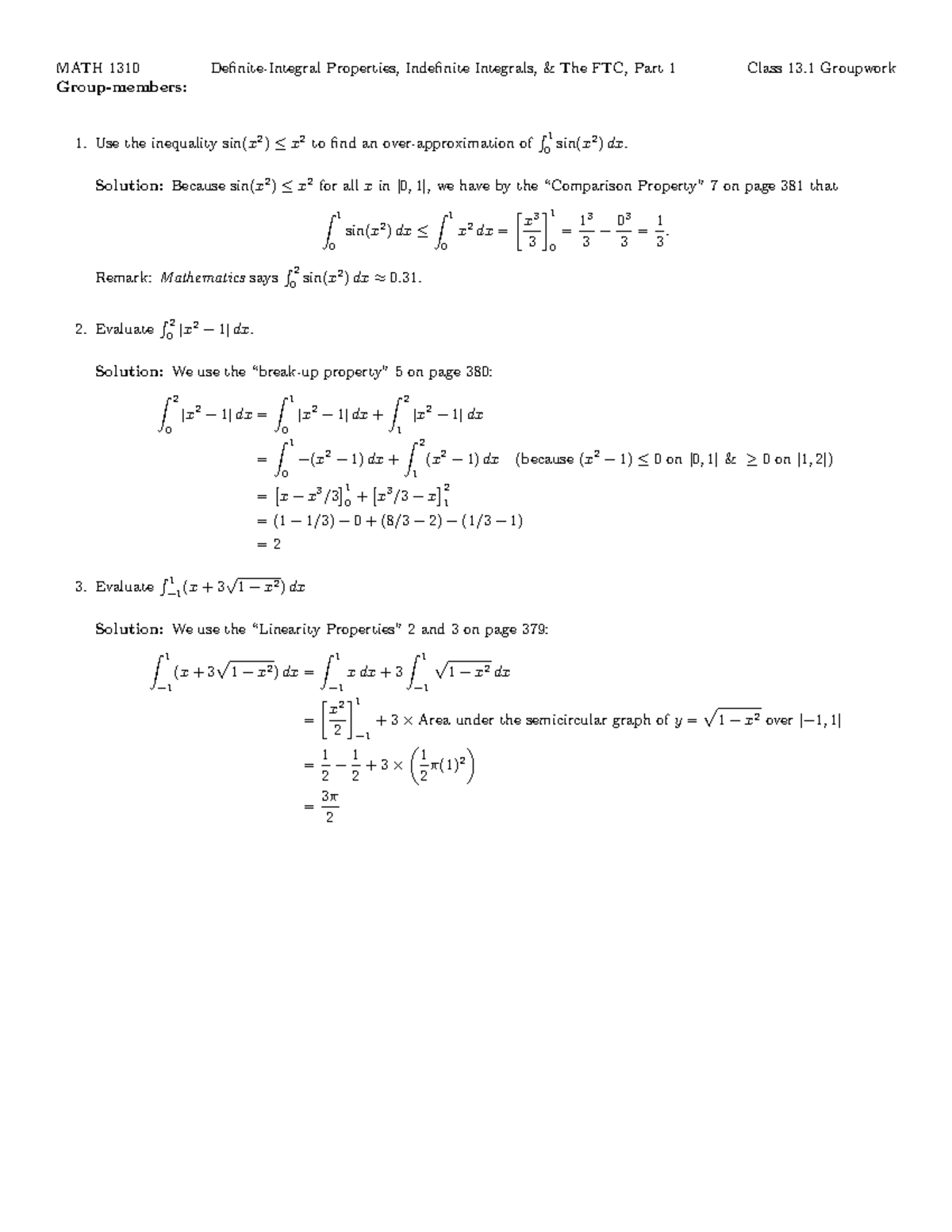 CW 13.1 - net change,FTC - MATH 1310 Group-members: Definite-Integral ...