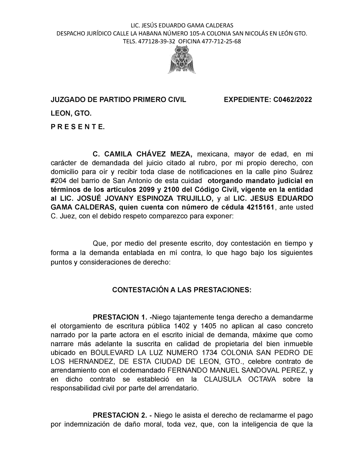 Contestacion de camila chavez meza - DESPACHO JURÍDICO CALLE LA HABANA ...