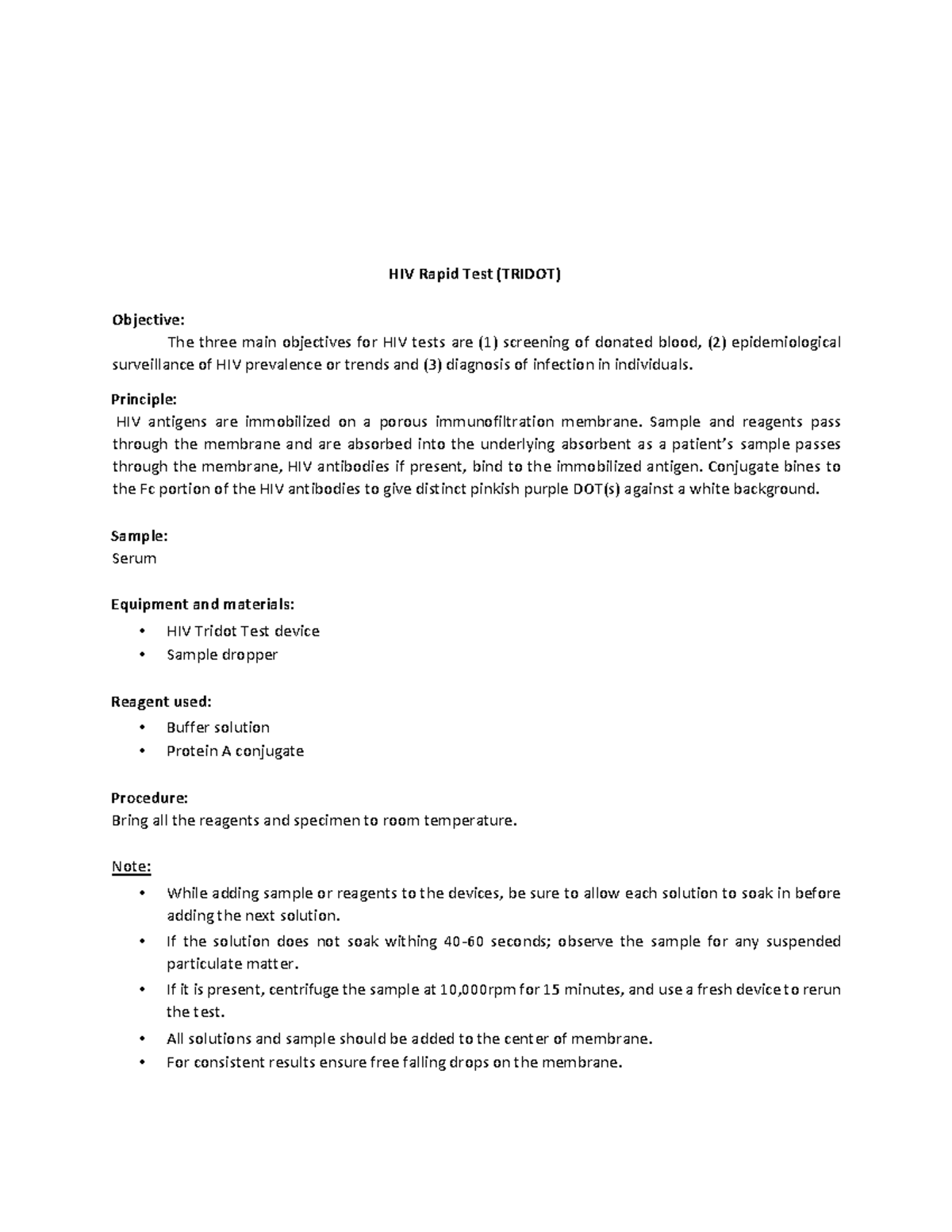 HIV Rapid Test ( Tridot) - HIV Rapid Test (TRIDOT) Objective: The three ...