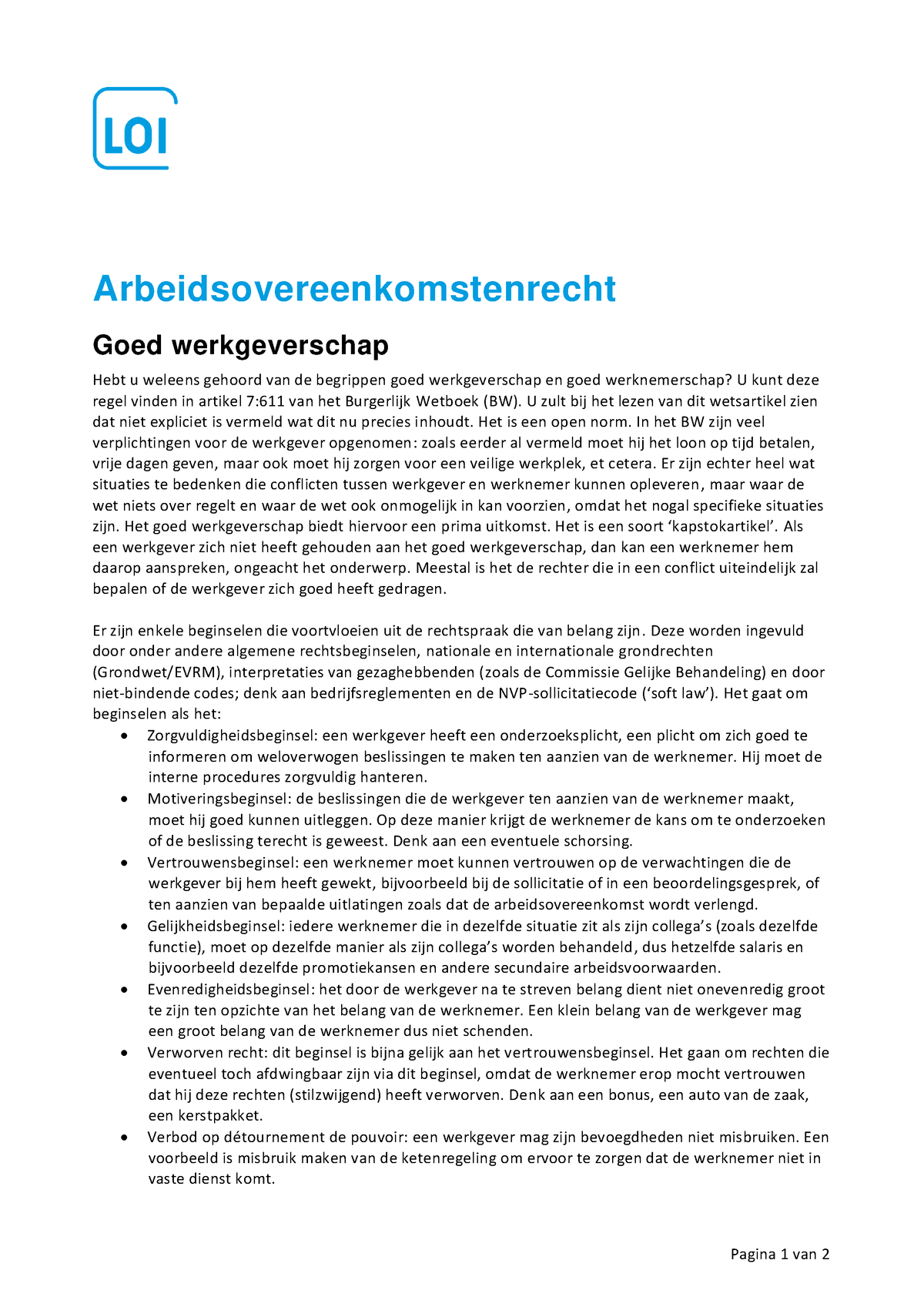 Arbeidsovereenkomstrecht - Pagina 1 Van 2 Arbeidsovereenkomstenrecht ...